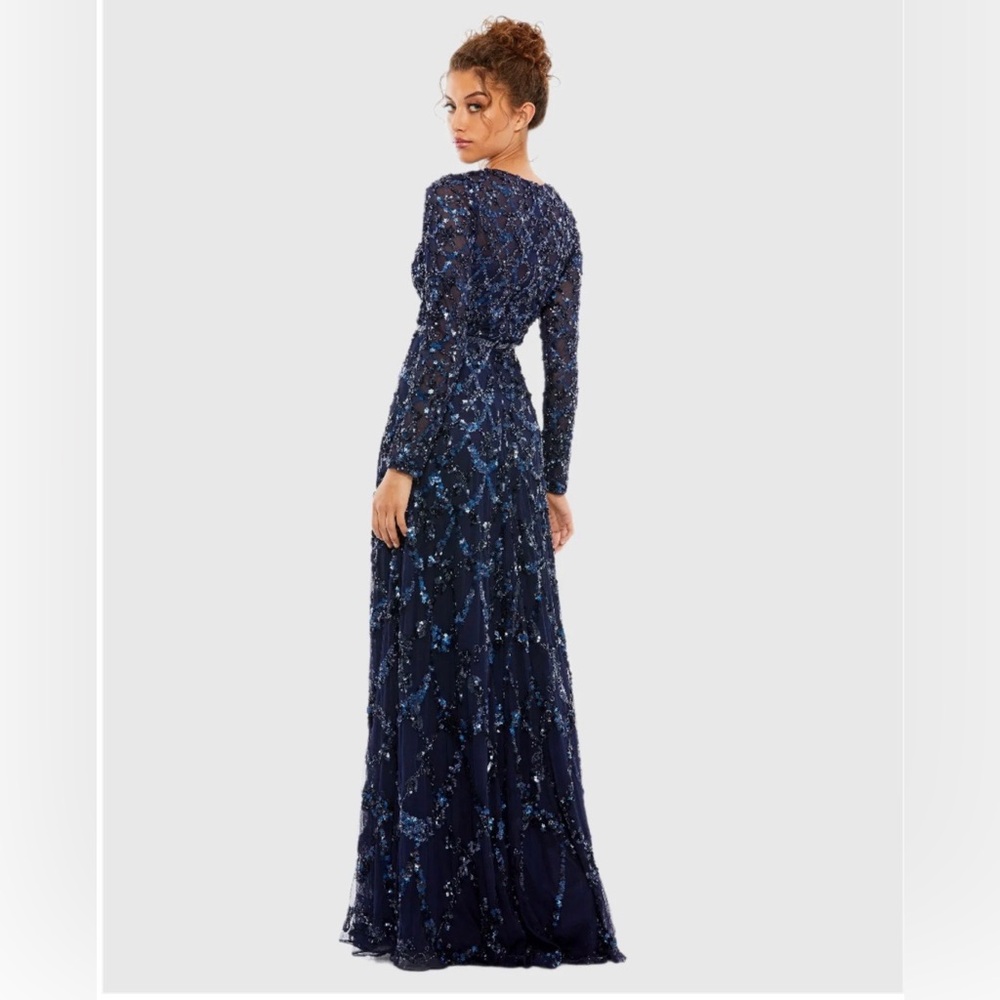 MAC DUGGAL Embellished Illusion High Neck Long Sleeve A Line Gown Navy blue - Picture 5 of 16
